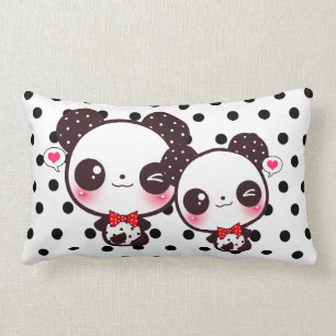 Kawaii pandas on black polka dots lumbar cushion