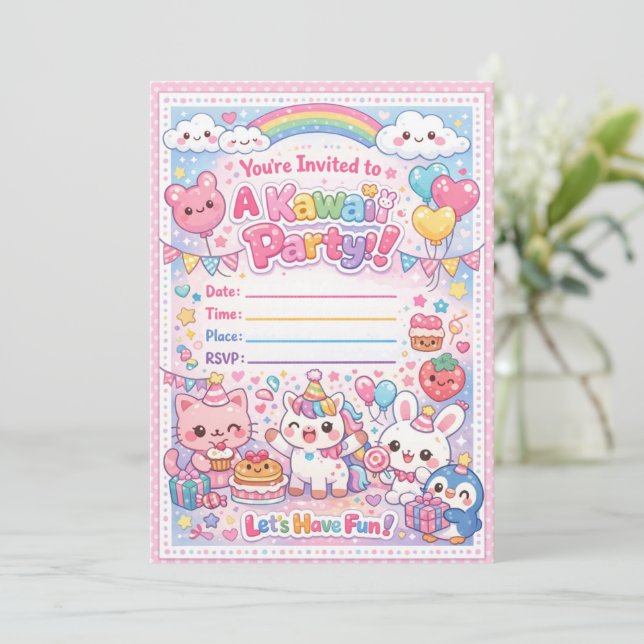 Kawaii Party Invitation – Cute Pastel Birthday  (Standing Front)