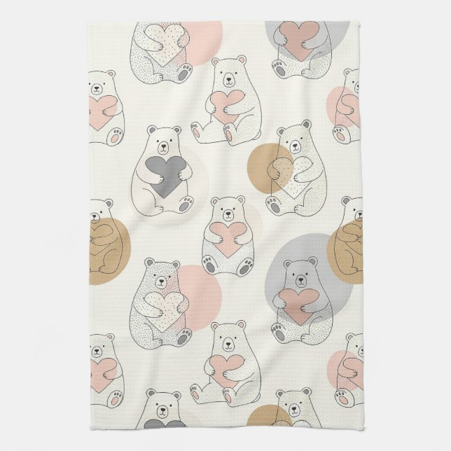 Kawaii Pastel Bear Heart Pattern Tea Towel (Vertical)
