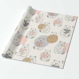 Kawaii Pastel Bear Heart Pattern Wrapping Paper