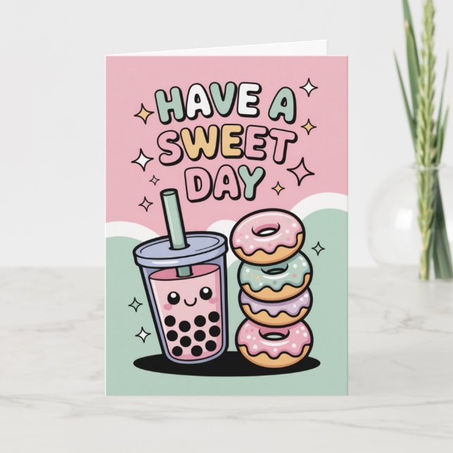 Kawaii Pastel Boba Tea and Doughnuts Sweet Birthda Card (Front)