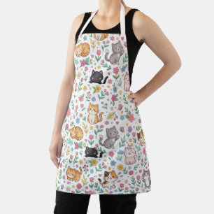 Kawaii Pastel Cats and Floral Pattern Cat Mum Apron