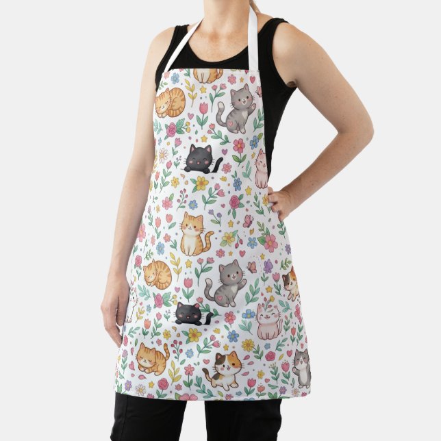 Kawaii Pastel Cats and Floral Pattern Cat Mum Apron (Insitu)