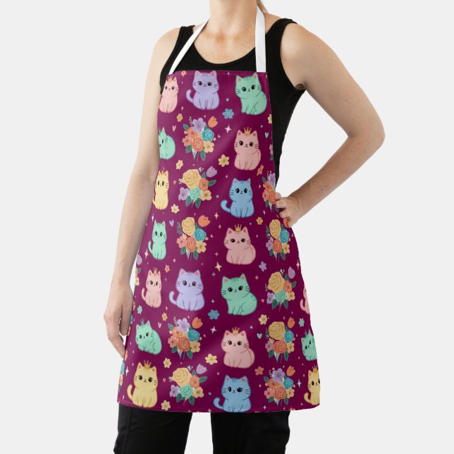 Kawaii Pastel Cats and Flowers Pattern Apron (Insitu)