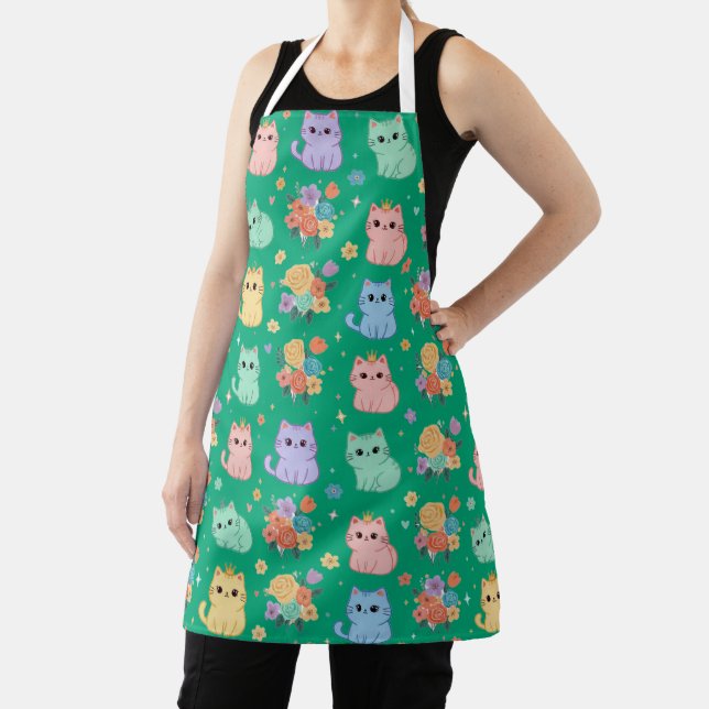 Kawaii Pastel Cats and Flowers Pattern Apron (Insitu)
