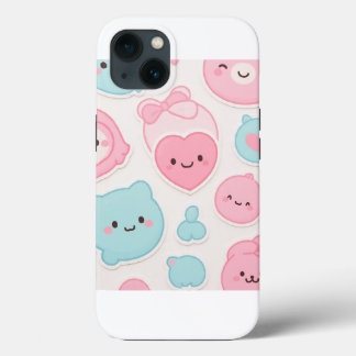 Kawaii Pastel Cute Faces Sticker Set – Pink & Blue iPhone 13 Case