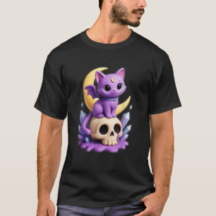 Kawaii Pastel Cute Goth Creepy Purple Bat Cat Sits T-Shirt