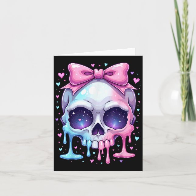 Kawaii Pastel Goth Creepy Bowtie Girl Skull Hallow Card (Front)