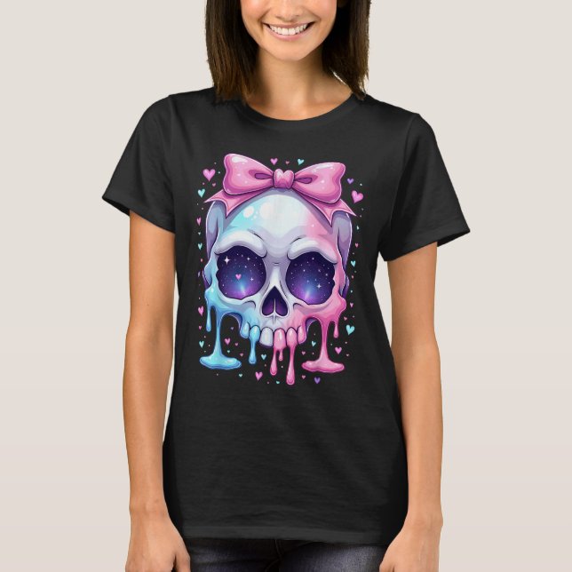 Kawaii Pastel Goth Creepy Bowtie Girl Skull Hallow T-Shirt (Front)
