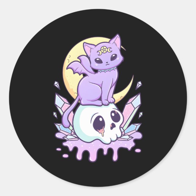Kawaii Pastel Goth Creepy Witchy Cat And Skull Classic Round Sticker (Front)