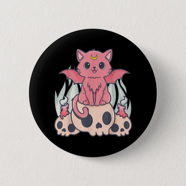 Kawaii Pastel Goth Cute Creepy Demon Cat and Skull 6 Cm Round Badge (Front)