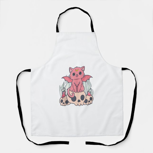 Kawaii Pastel Goth Cute Creepy Demon Cat and Skull Apron (Front)