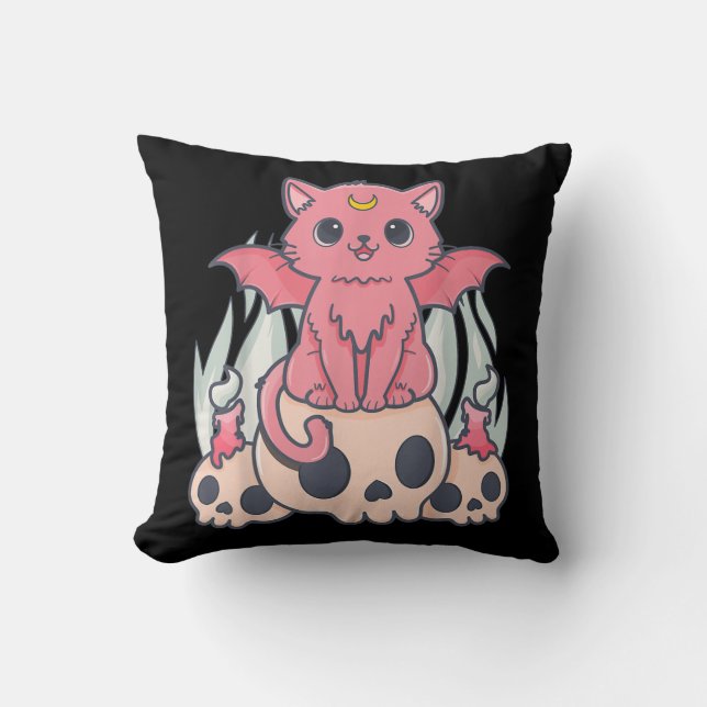 Kawaii Pastel Goth Cute Creepy Demon Cat and Skull Cushion (Front)