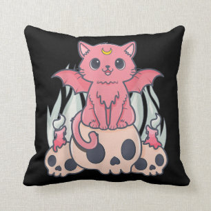 Kawaii Pastel Goth Cute Creepy Demon Cat and Skull Cushion