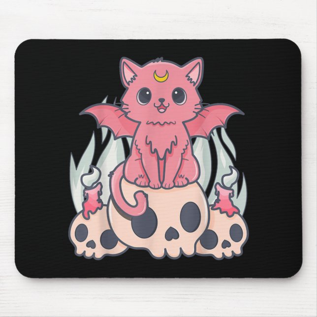 Kawaii Pastel Goth Cute Creepy Demon Cat and Skull Mouse Pad (Front)
