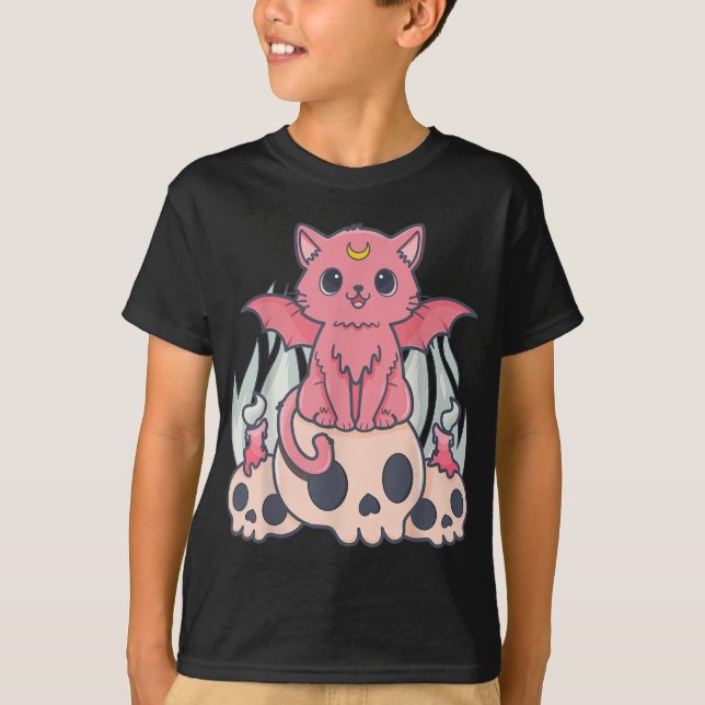 Kawaii Pastel Goth Cute Creepy Demon Cat and Skull T-Shirt (Front)