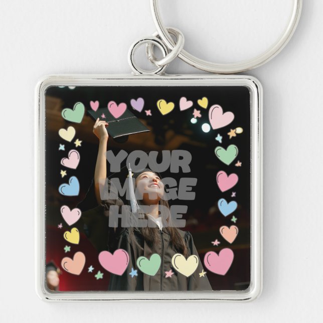 Kawaii Pastel Hearts Photo Border Customisable Key Ring (Front)