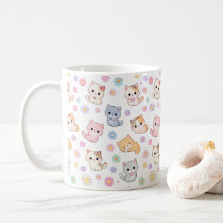 Kawaii Pastel Kittens and Flowers Pattern Mug