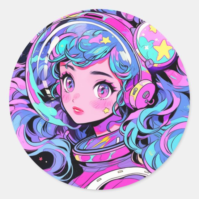 Kawaii Pastel Pink and Blue Space Anime Girl Classic Round Sticker (Front)
