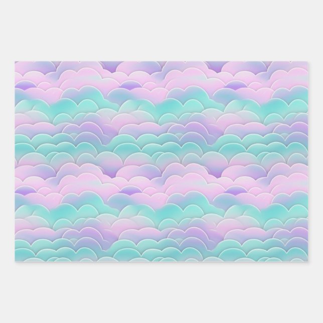 Kawaii Pastel Pink Blue Clouds Repeating Pattern Wrapping Paper Sheet (Front)