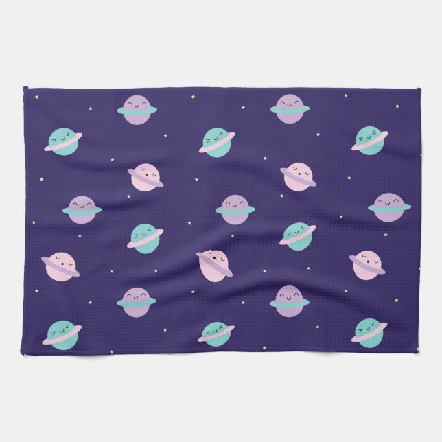 Kawaii Pastel Planets Tea Towel (Horizontal)