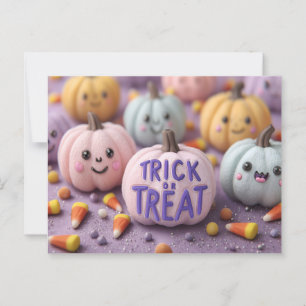 Kawaii Pastel Pumpkins with Trick or Treat Text Postcard