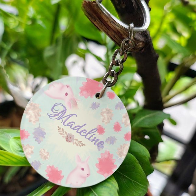 Kawaii Pastel Rabbit Charm Colourful Leaf Pattern Key Ring (Creator Uploaded)