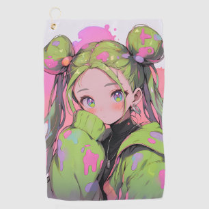 Kawaii Pastel Splatter Anime Girl Golf Towel