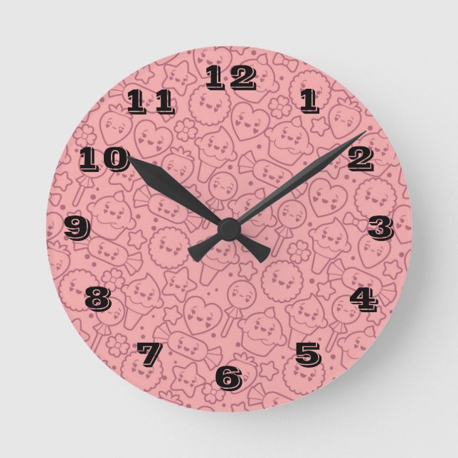 Kawaii pattern with cute cakes round clock (Front)