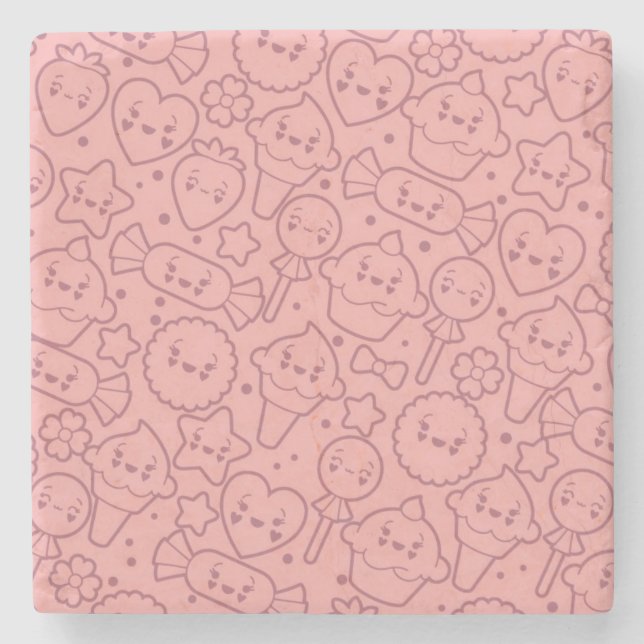Kawaii pattern with cute cakes stone coaster (Front)