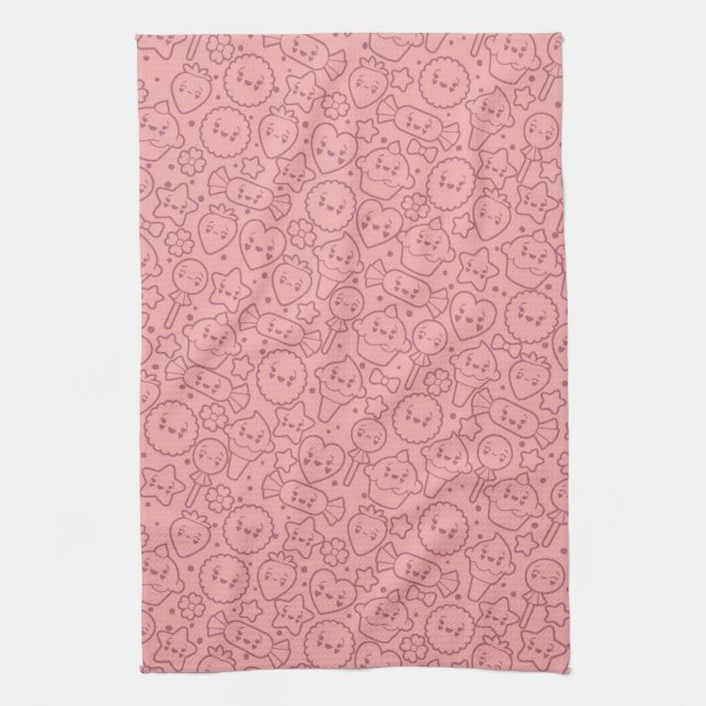 Kawaii pattern with cute cakes tea towel (Vertical)