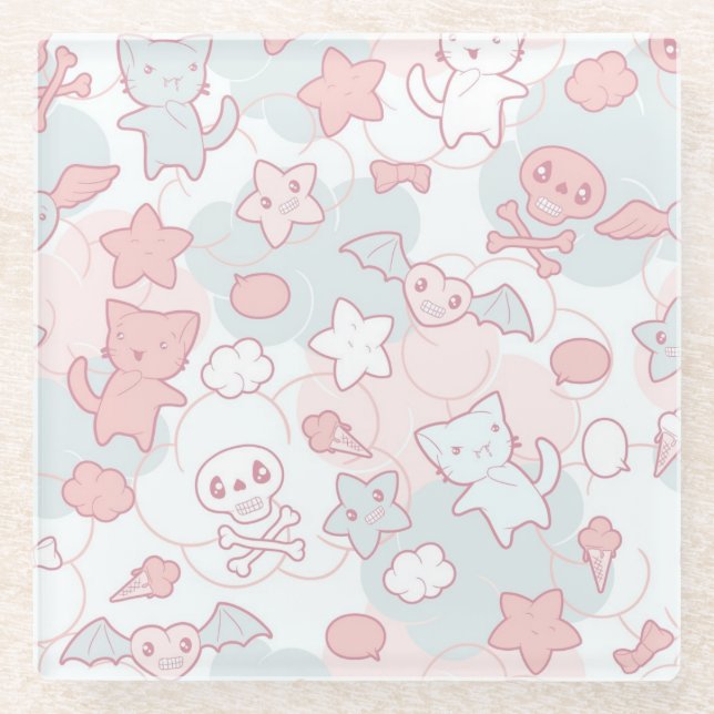 kawaii pattern with doodle glass coaster (Front)