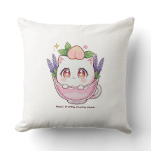 Kawaii Peach Cat in Lavender Teacup Throw Pillow
