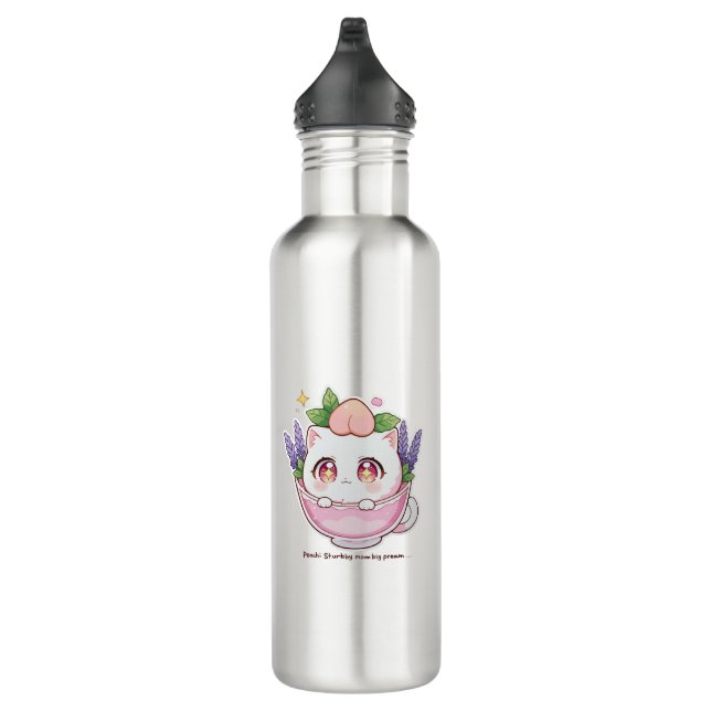Kawaii Peach Cat in Lavender Teacup Water Bottle (Right)