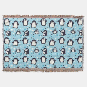 Kawaii Penguins With Winter Snowflakes Seamless Pa Throw Blanket