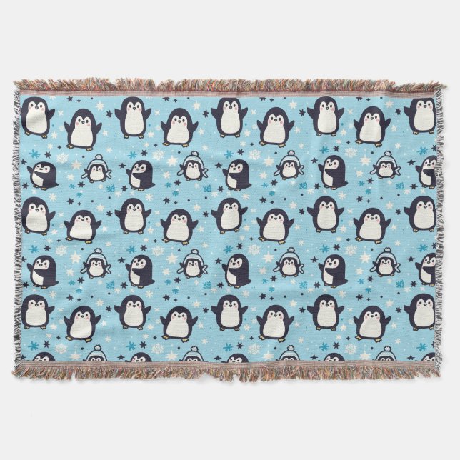 Kawaii Penguins With Winter Snowflakes Seamless Pa Throw Blanket (Front)