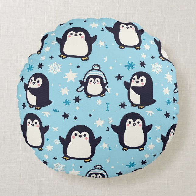 Kawaii Penguins With Winter Snowflakes Seamless Round Cushion (Front)