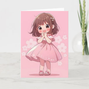 Kawaii Pink Anime Girl Chibi Holiday Card