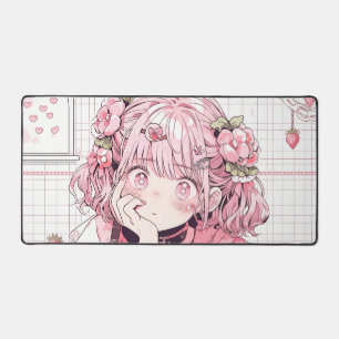 Kawaii Pink Cafe Anime Girl Desk Mat
