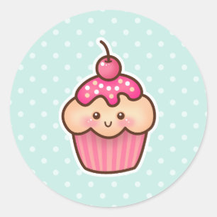 Kawaii Pink Cupcake and Cute Mint Blue Polka Dots Classic Round Sticker