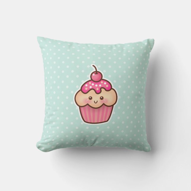 Kawaii Pink Cupcake and Cute Mint Blue Polka Dots Cushion (Front)