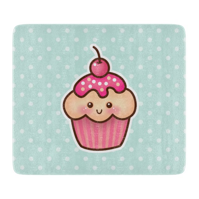 Kawaii Pink Cupcake and Cute Mint Blue Polka Dots Cutting Board (Front)