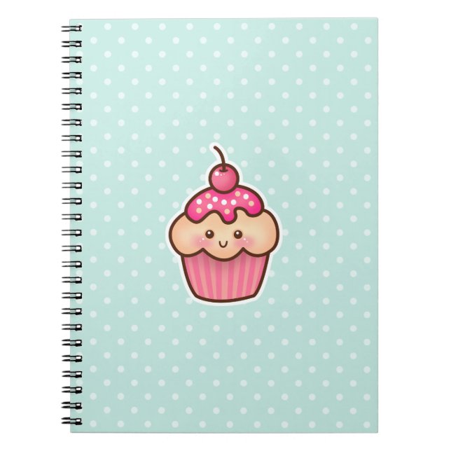 Kawaii Pink Cupcake and Cute Mint Blue Polka Dots Notebook (Front)
