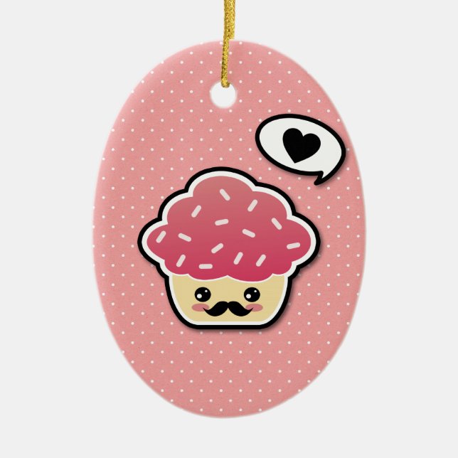 Kawaii Pink Cupcake with a Moustache Ceramic Tree Decoration (Front)