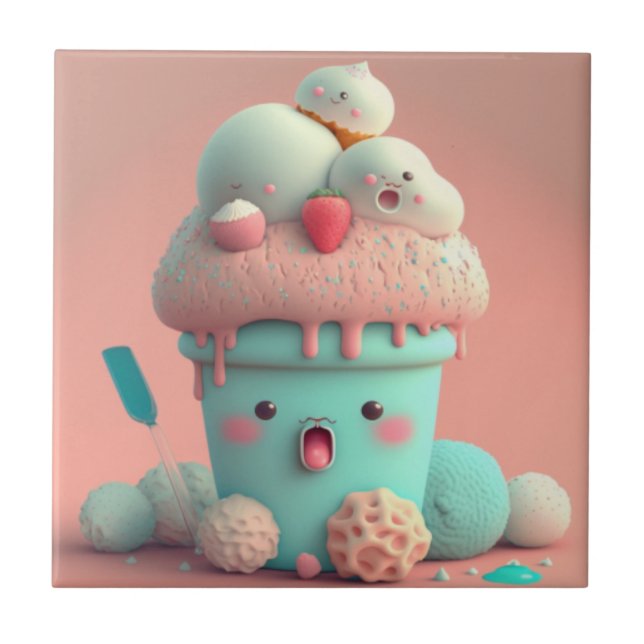 Kawaii pink cute ice cream  notebook ceramic tile (Front)