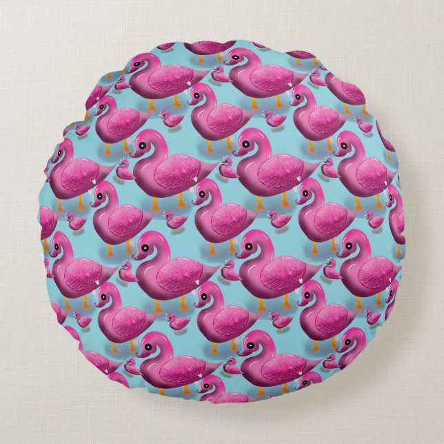 Kawaii Pink Duck Pattern – Adorable Aesthetic Maxi Round Cushion (Front)