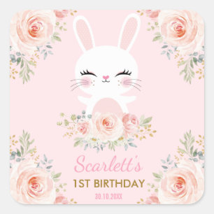 Kawaii Pink Gold Bunny Birthday Party Favors Square Sticker