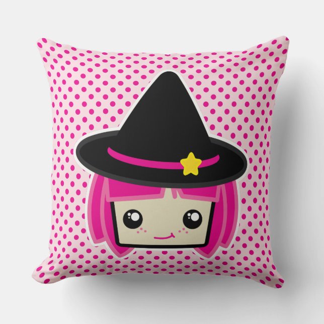 Kawaii Pink Haired Witch Throw Pillow (Front)