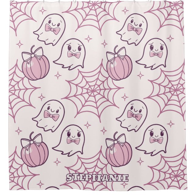 Kawaii Pink Halloween Ghosts & Pumpkin Shower Curtain (Front)