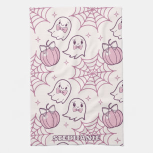 Kawaii Pink Halloween Ghosts & Pumpkin Tea Towel